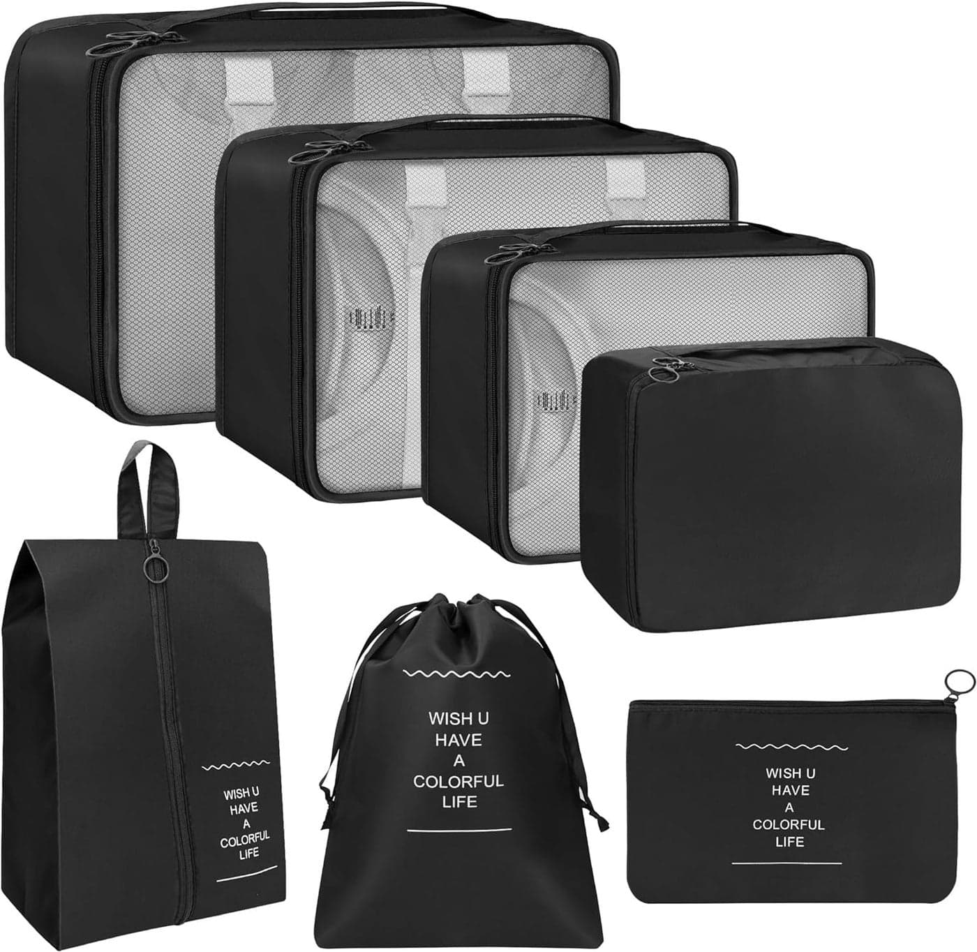 Ladiosa® Packing Cubes for Travel, Travel Organizer, Travel Essentials, Packing Cubes, Packing Bags for Clothes, 7 pcs, BLACK