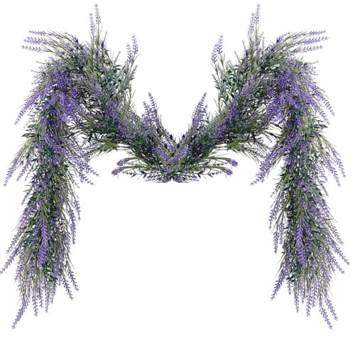 MAKHOT 6Ft Purple Lavender Artificial Garland Decor, Spring Summer All Year Lavender Deep Purple Garland, Green Wreath Vines Decorations for Table Home Wedding Mantle Arch Porch Party