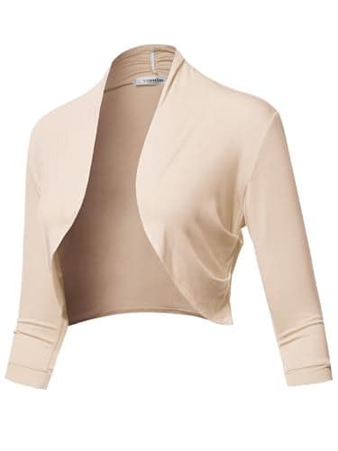 SSOULM Women's 3/4 Sleeve Open Front Bolero Shrug Cardigan TAUPE M