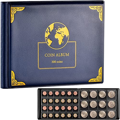 Aptbyte Coin Collection Supplies Holder Book for Collectors, 300 Pockets Coin Collection Organizer Storage Box Case Album for 20/25/ 27/30/ 38mm Coins- Blue