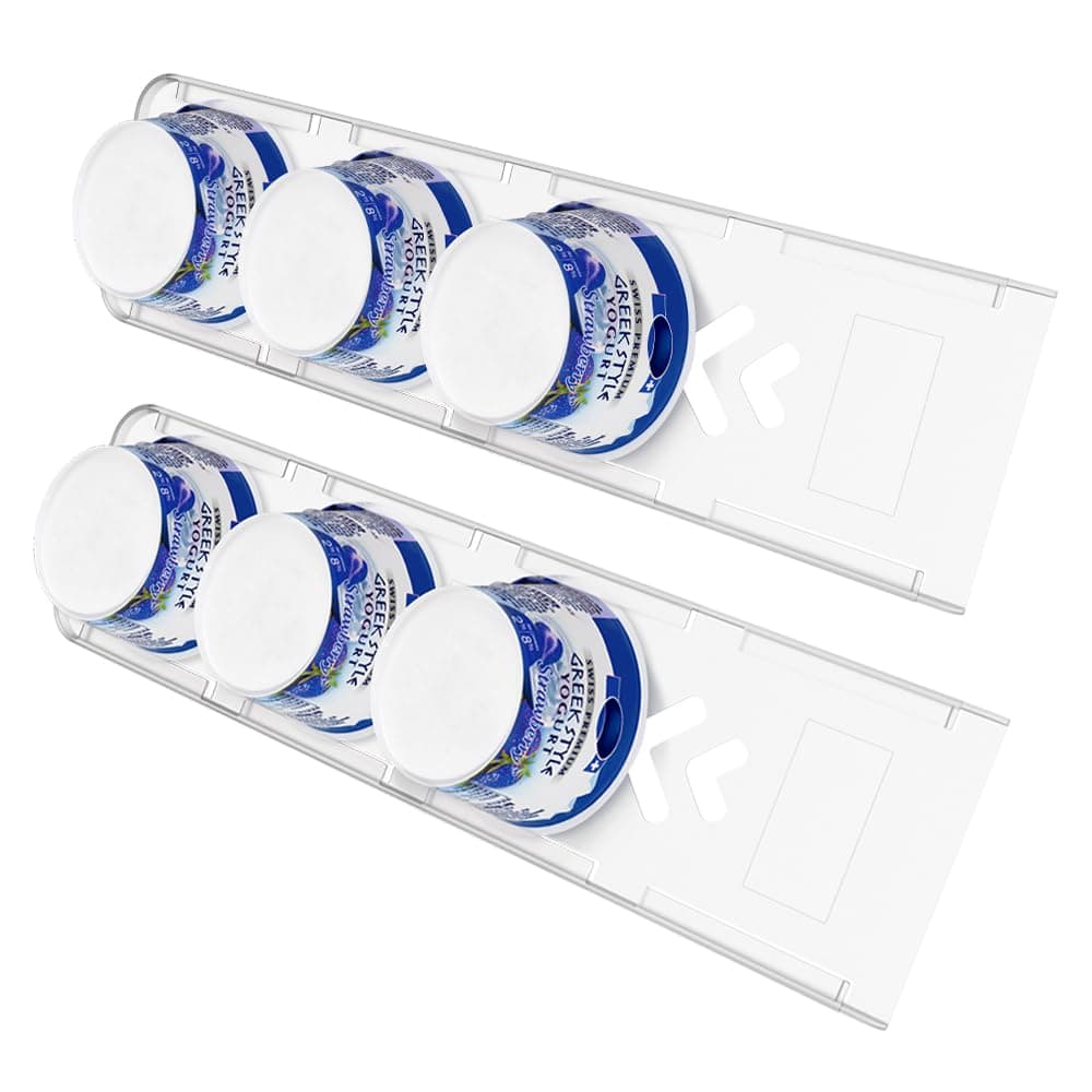 Sophico Yogurt Organizer for Fridge 4 Capacity Yogurt Sliders for Refrigerator Yogurt Holder with Adhesive Tapes for 375 Inch Yogurt Greek and Vegan Yogurt Transparent2 Pack