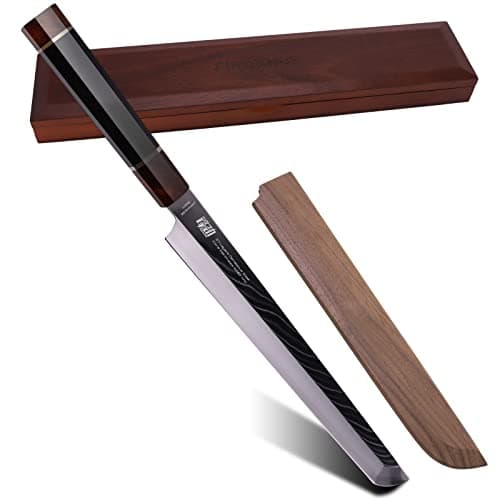 FINDKING Prestige Series Sakimaru Knife, 10.5 Inch Japanese SKD11 Damascus Sashimi Sushi Knife with Walnut Saya Cover, Ebony Octagonal Handle & Wooden Gift Box