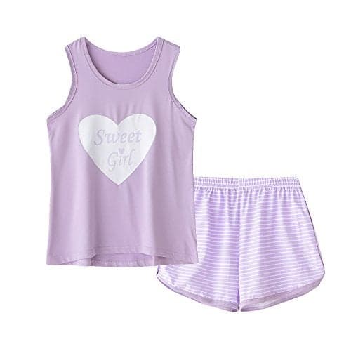 MyFav Big Kids Girls Sleeveless Sleepwear Hearts Shape Striped Pajama Nightgown (as1, age, 12_years, Purple)