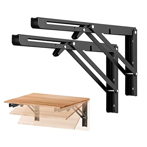 Ravinte 14 Inch Folding Shelf Brackets - Matte Black Collapsible Heavy Duty Brackets for Table Bench - Space Saving, 2 Pack