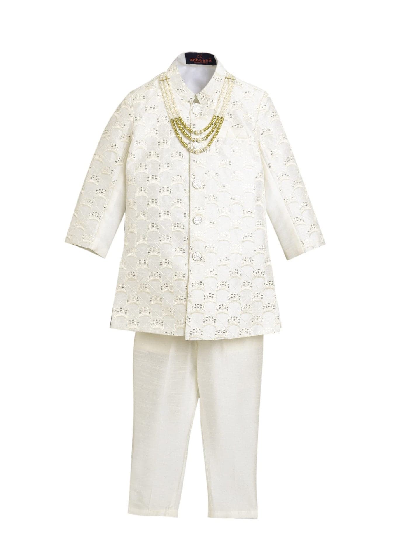 AHHAAAA Kids Ethnic Cotton Silk Blend Sequin Print Indo-Western Sherwani Set for Boys (Cream, 4-5 Years) 496MF, Floral