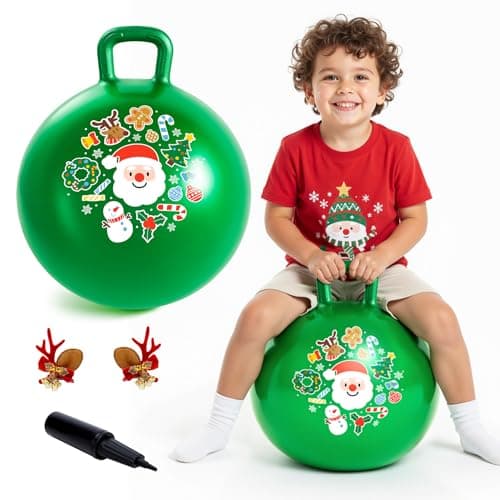 EVERICH TOY Hopper Ball for Kids 18In Sit On Bouncy Balls with Handle for Indoor Outdoor Active Play Green Christmas Inflatable Boys Girls Gifts for 4 5 6 7 8 Years Old with Christmas Reindeer Ears