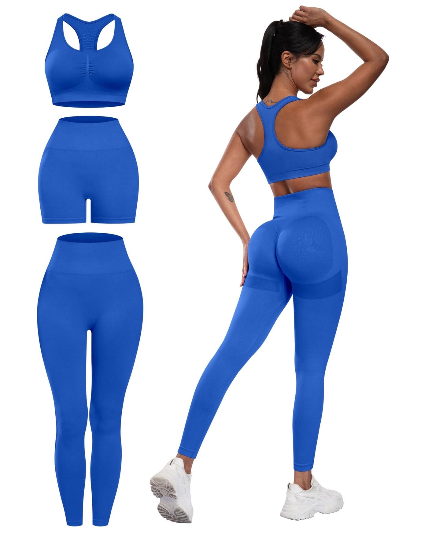 SALSPOR 3 Piece Workout Sets for Women Butt Lifting Leggings with High Impact Sports Bra Gym Shorts(3DWX-Royal Blue-M)