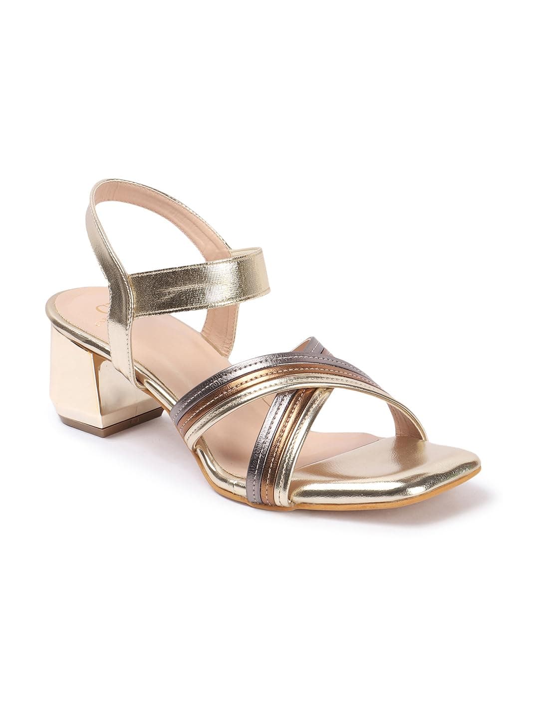 Carlton London Women Gold Stylish Fashion Embellished Sandals for Outdoor, Party, Wedding and Holidays with Block Heels (41)