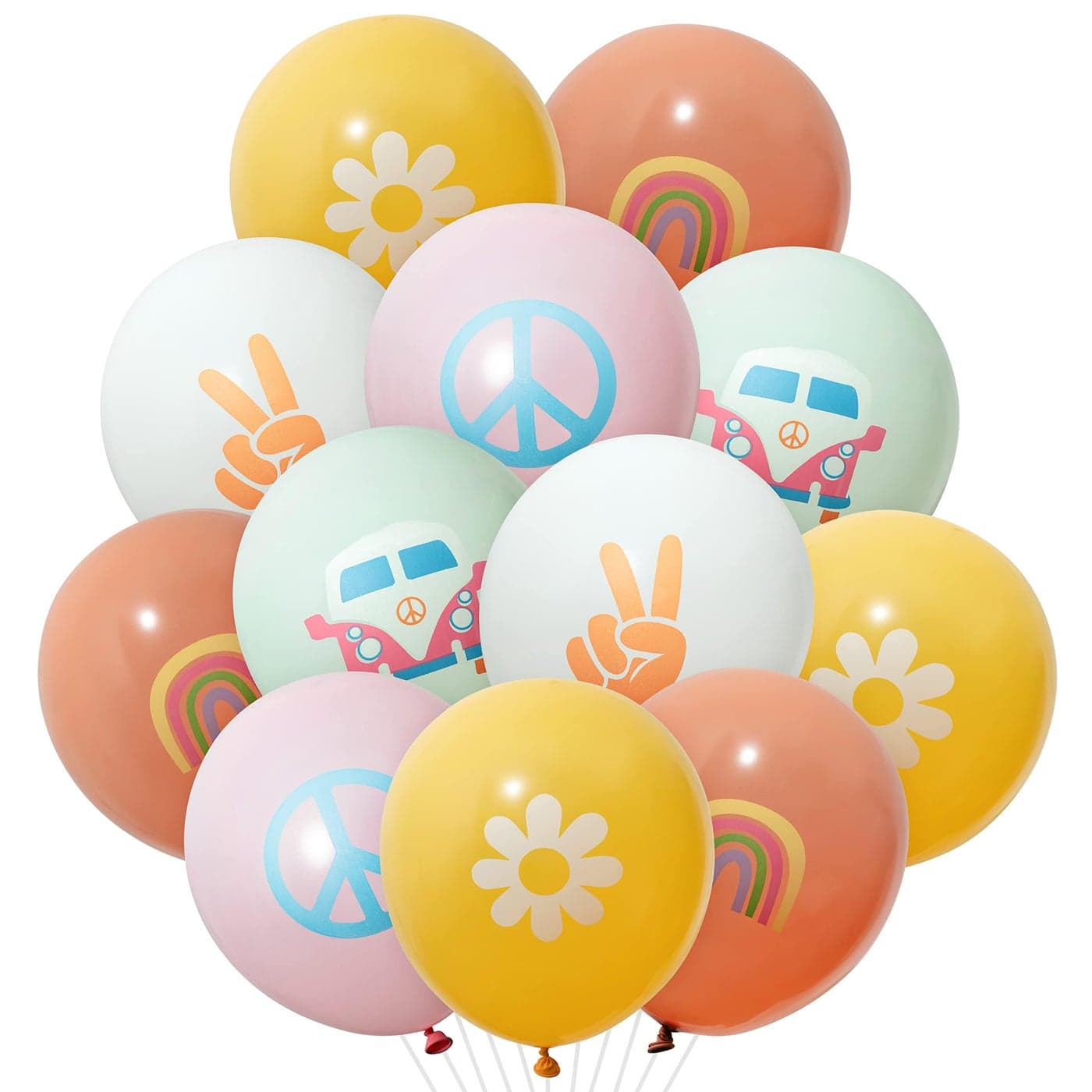 ANGOLIO 50Pcs Groovy Retro Hippie Balloons Girls Spring Party Theme Smile Faces for Birthday Theme Party for Boy and Girl Retro Different Pattern Summer Home Decor Carnival Decoration