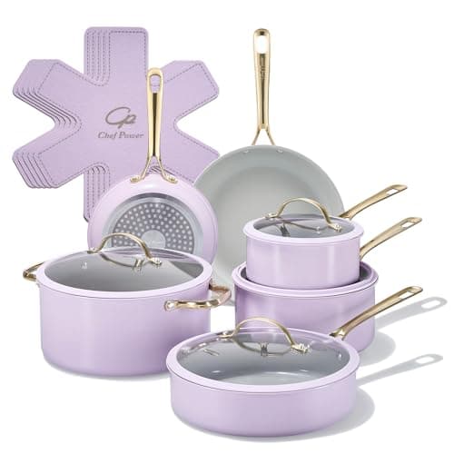 Chef Power Ceramic Cookware Sets, 15Pcs Pots and Pans Set Non Stick, Cookware Set with Stainless Steel Handle, Dishwasher & Oven Safe, Light Purple and Granite Grey