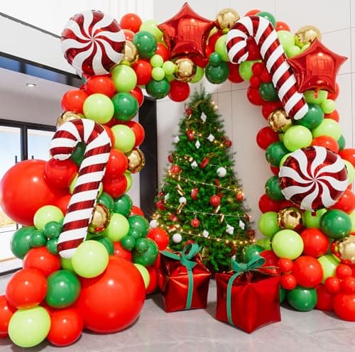 Adeyoo Christmas Balloon Garland Arch Kit 130PCS Xmas Balloon Arch with Red Green Gold Balloons Candy Cane Gift Box Star Foil Balloons for New Year Christmas Party Decorations Indoor Outdoor