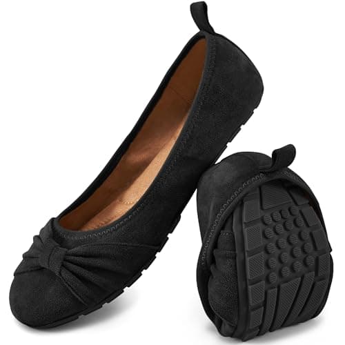 Ecetana Womens Flats Shoes Dressy: Round Toe Bowknot Suede Foldable Comfortable Casual Slip On Ballet Loafers Black