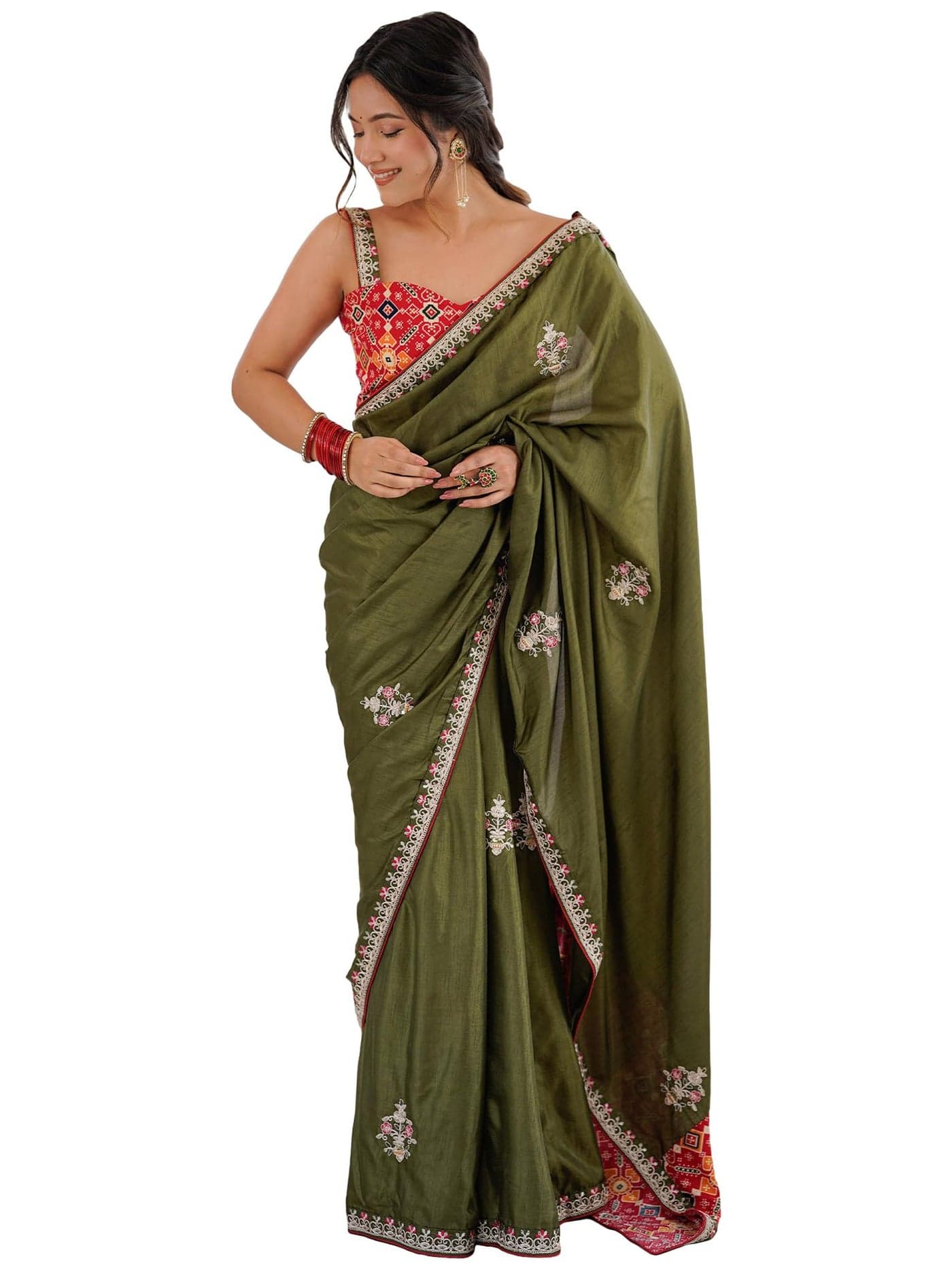 SAREE MALL Women's Green Dola Silk Embellished Saree With Unstitched Blouse Piece (NILAM7002_NM)