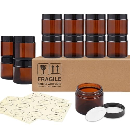 TUZAZO 2 Oz Thick Amber Round Glass Jars with Inner Lids and Black Lids, 12 Pack Small Empty Candle Making Jars/Cosmetic Containers for Lotions, Creams, Body Butters, Essential oil Beauty Products