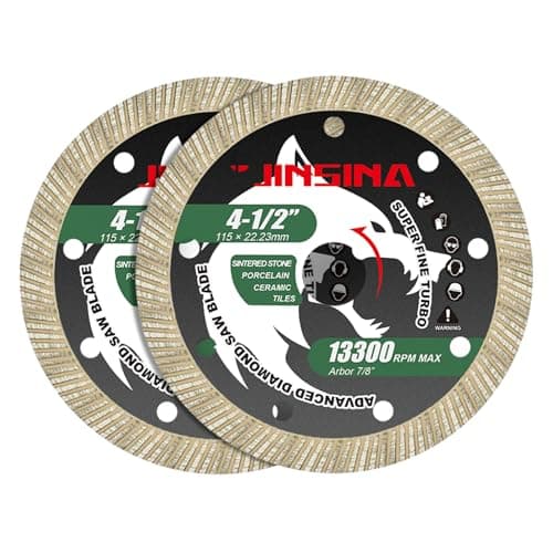 JINSINA 2PCS 4.5” Diamond Saw Blades for Angle Grinder, Super Thin Turbo Rim Tile Cutting Blade for Dry & Wet Cutting, Fast Smooth Cutting for Sintered Stone Tiles Ceramics Porcelain