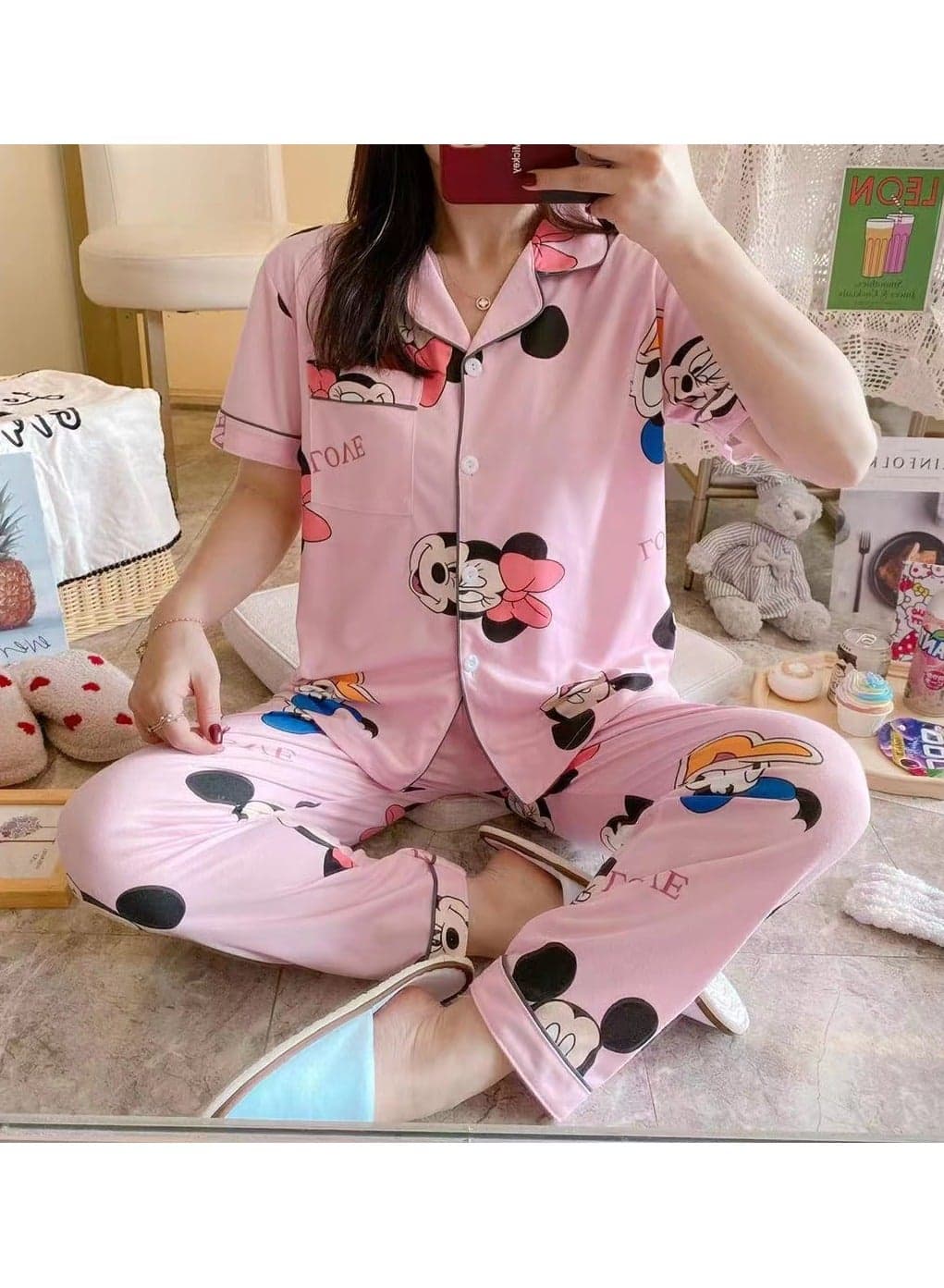 Satin Pajamas Cute Pijama Nightie Sleepwear Fall Home Clothes Tops and Pants Women's Silk Pajamas Mickey Mouse Pajama Set Women