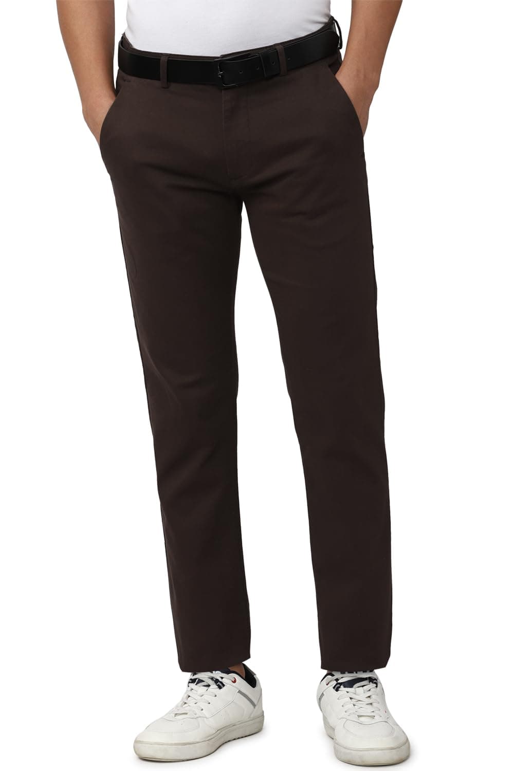 Peter England Men's Super Slim Fit Stretchable Everyday Casual Mid Rise Trouser | Scoop Pocket Premium Twill Chinos | Flat Front Chocolate Brown, 30