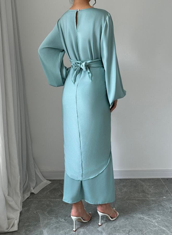 Take Two Solid Twist Waist Long Sleeve Midi Dress