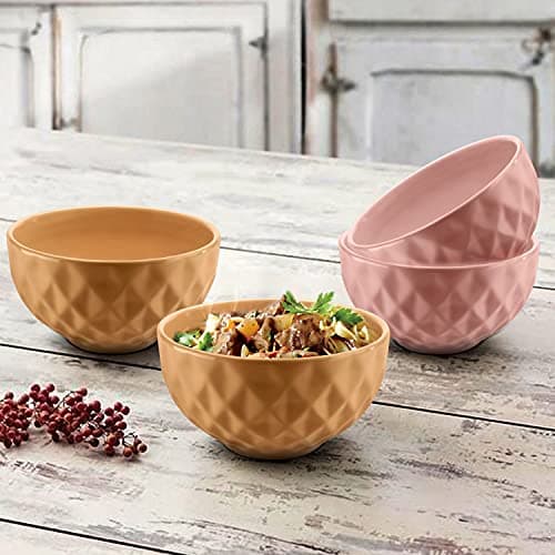 URBAN CHEF Ceramic Bowls | 500 ML | Kitchen Accessories Items, Microwave Safe Bowl, Serving Bowl, Bowl Set, Bowls for Kitchen, Mixing Bowl, Prism Ceramic Handcrafted (Set of 4 - Peach & Mustard)