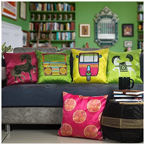 Vendola Lazy Lads Satin 250TC Decorative Cushion Pillow Covers, Multicolor, Set of 5 Cushion Covers(Radio,16X16 Inches)