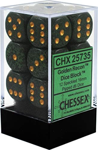 Chessex Dice d6 Sets: Golden Recon Speckled - 16mm Six Sided Die (12) Block of Dice
