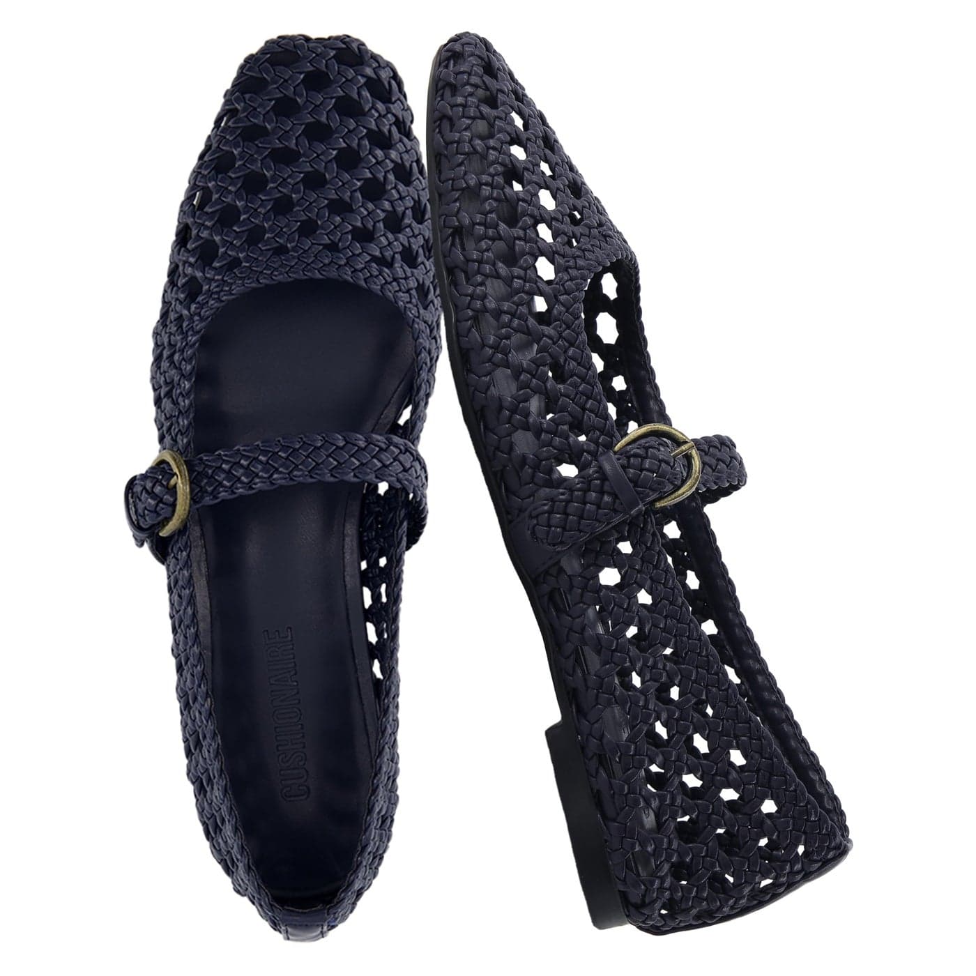 CUSHIONAIRE Weston Womens Hand Woven Dressy Ballet Flats Faux Leather Mary Jane with Adjustable Strap Memory Foam NAVY 8