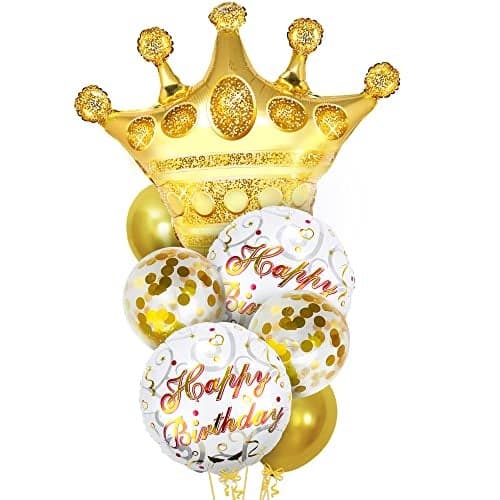 KatchOn Gold Happy Birthday Balloon Set 30 Inch Pack of 7 Gold Queen Birthday Balloon Crown Balloons for King and Queen Party Decorations Golden Happy Birthday Balloons For Men and Women