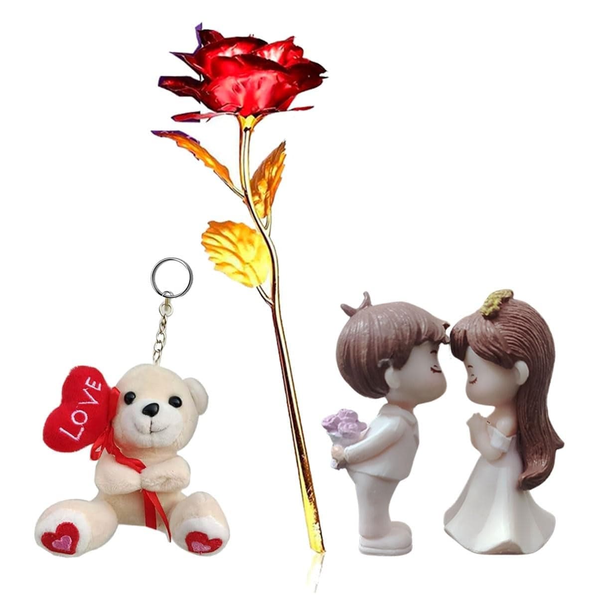 Saugat Traders Valentines Gift for Girlfriend, Boyfriend - Golden Red Rose, Love Couple Showpiece, Teddy Bear Keychain - Anniversary - Rose Day - Romantic - Proposal Gifts
