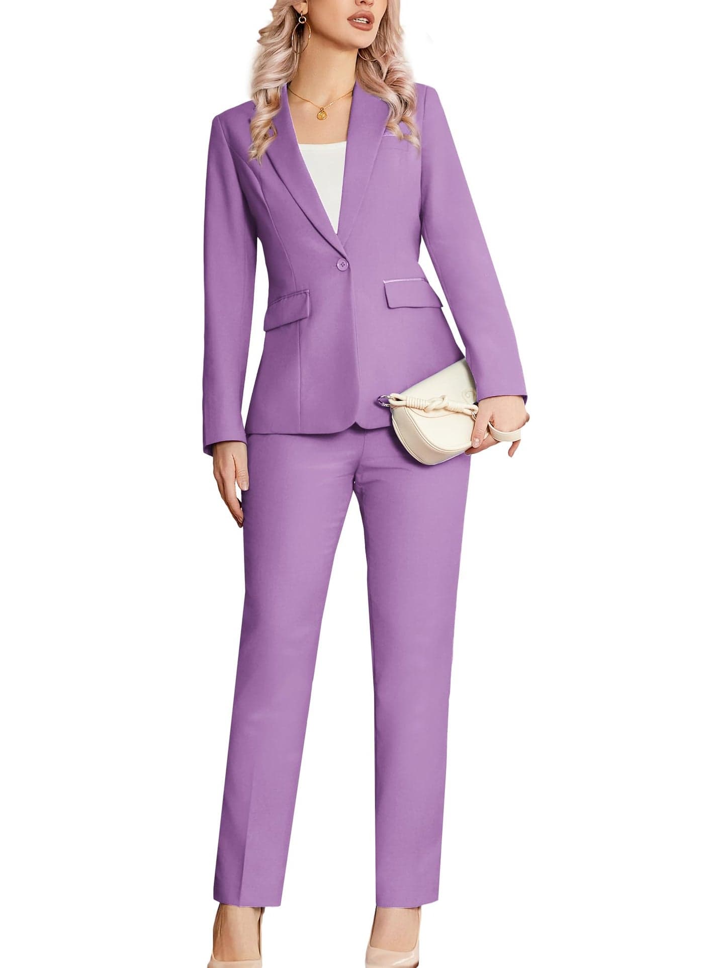 Kelyaa Womens 2 Piece Suit Notched Lapel One Button Slim Fit Business Office Work Tuxedo Blazer Pants Set Light Purple
