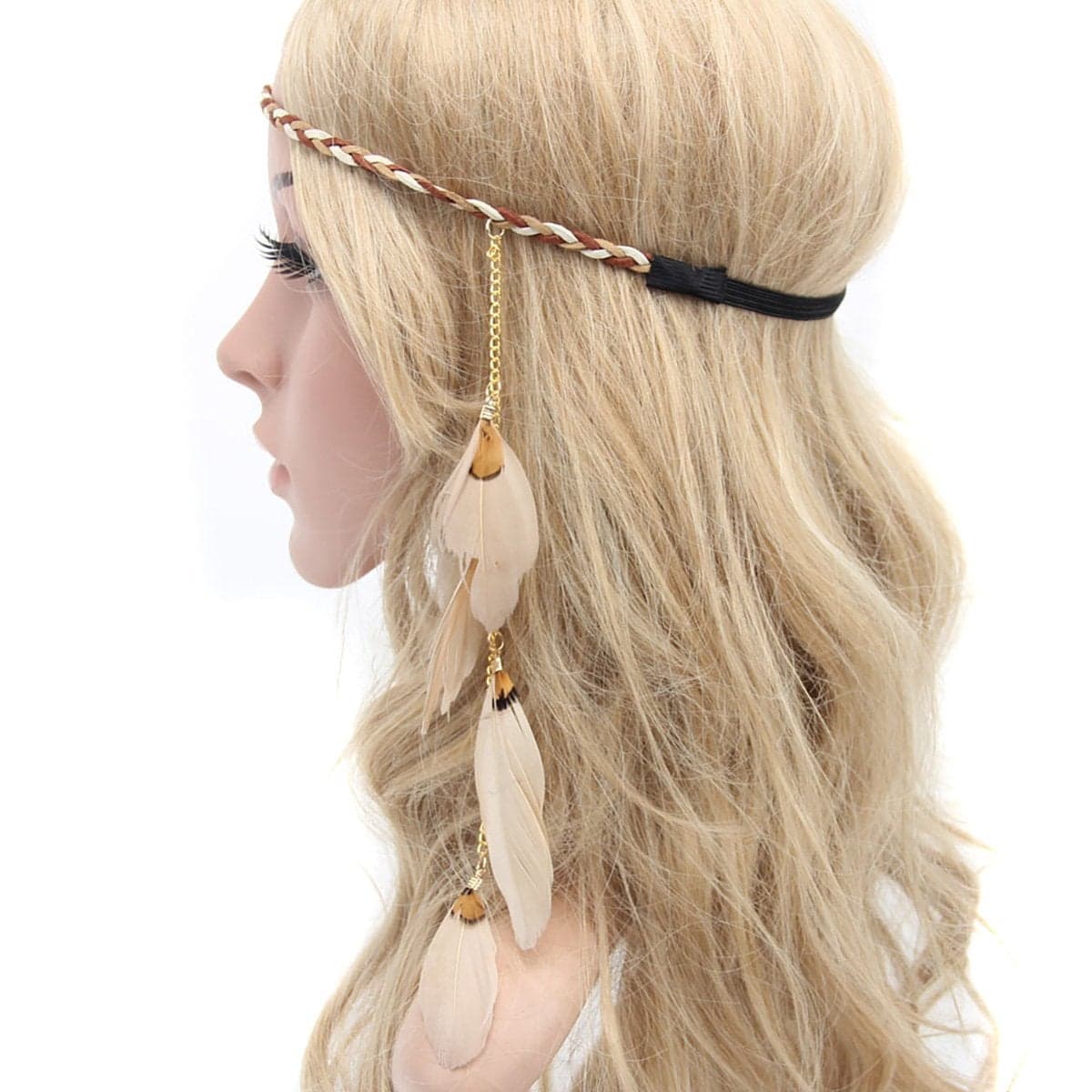 Fodattm Women Lady Bohemian Tassels Hairband Headwear Hippie Feather Headband Hoop Handmade Indian Fascinator Hair Bands Headdress Accessories khaki