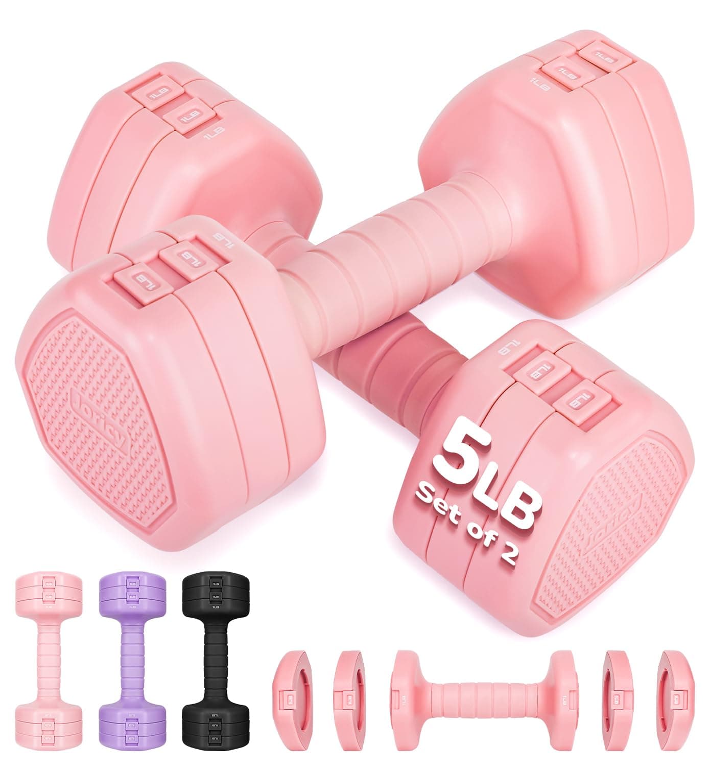 Adjustable Dumbbell Set of 2, 10LBS Hand Weights for Women Men 3-in-1 Free Weight Dumbbells Sets at Home, Each 1lb 3lb 5lb for Home Gym Exercise Workout Strength Training Equipments Pink