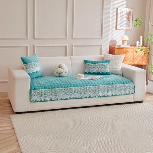 HOKIPO 'BelleLace Series' Imperial Milk Velvet Sofa Cover Mat for 1 Seater Sofa, Lace Design, Teal (AR-5962-TEAL*1)