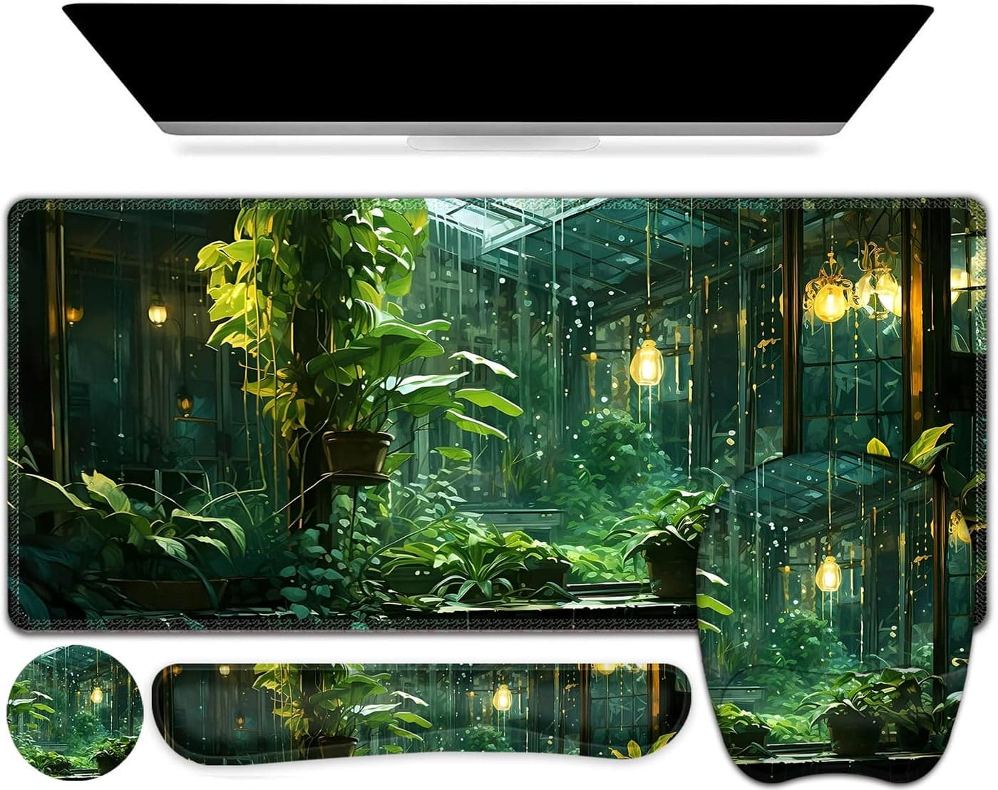 Large Mouse Pad with Wrist Support 4 in1 Set, XXL Big Game Mousepad + Keyboard Wrist Rest+Mouse Wrist Rest Pad +Coaster Gaming Mat for Women Men Home Office Computer I Green Plants Romantic Rain