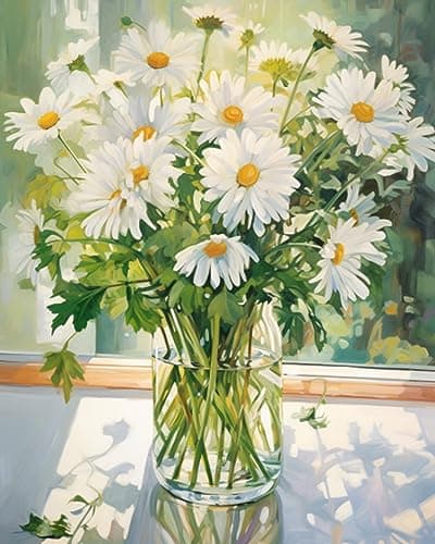 Tucocoo White Daisy DIY Paint by Numbers for Adults White Flowers with Green Leaves in Vase DIY Oil Painting Kits Canvas with Acrylic Paint Floral Plant Art 16x20 Inch Without Frame