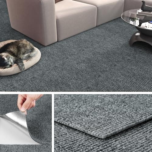 Livelynine Grey Carpet Tiles Peel and Stick Carpet Squares with Padding Attached Self Adhesive Floor Tile Sticker Stick on Rug Flooring Sticky Tiles 4-pcs 11.8x11.8 Non Slip Rugs Remnants Repair Kit