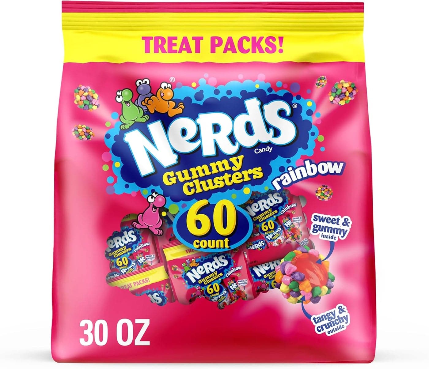 NERDS Gummy Clusters Candy Treat Packs - Rainbow Flavor, 30 oz (60 ct) - Crunchy and Gummy Halloween Candy Variety Pack