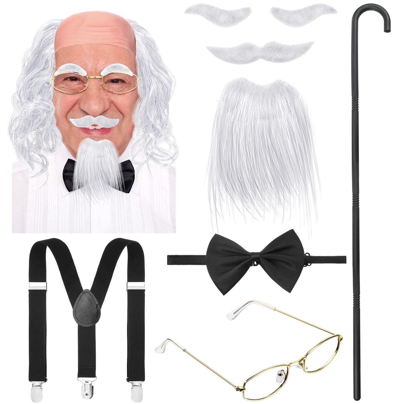 WILLBOND 8 Pieces Old Man Costume Grandpa Costume Wig Walking Cane Glasses Faux Eyebrows Artificial Mustache Suspenders Bow TieSilver White