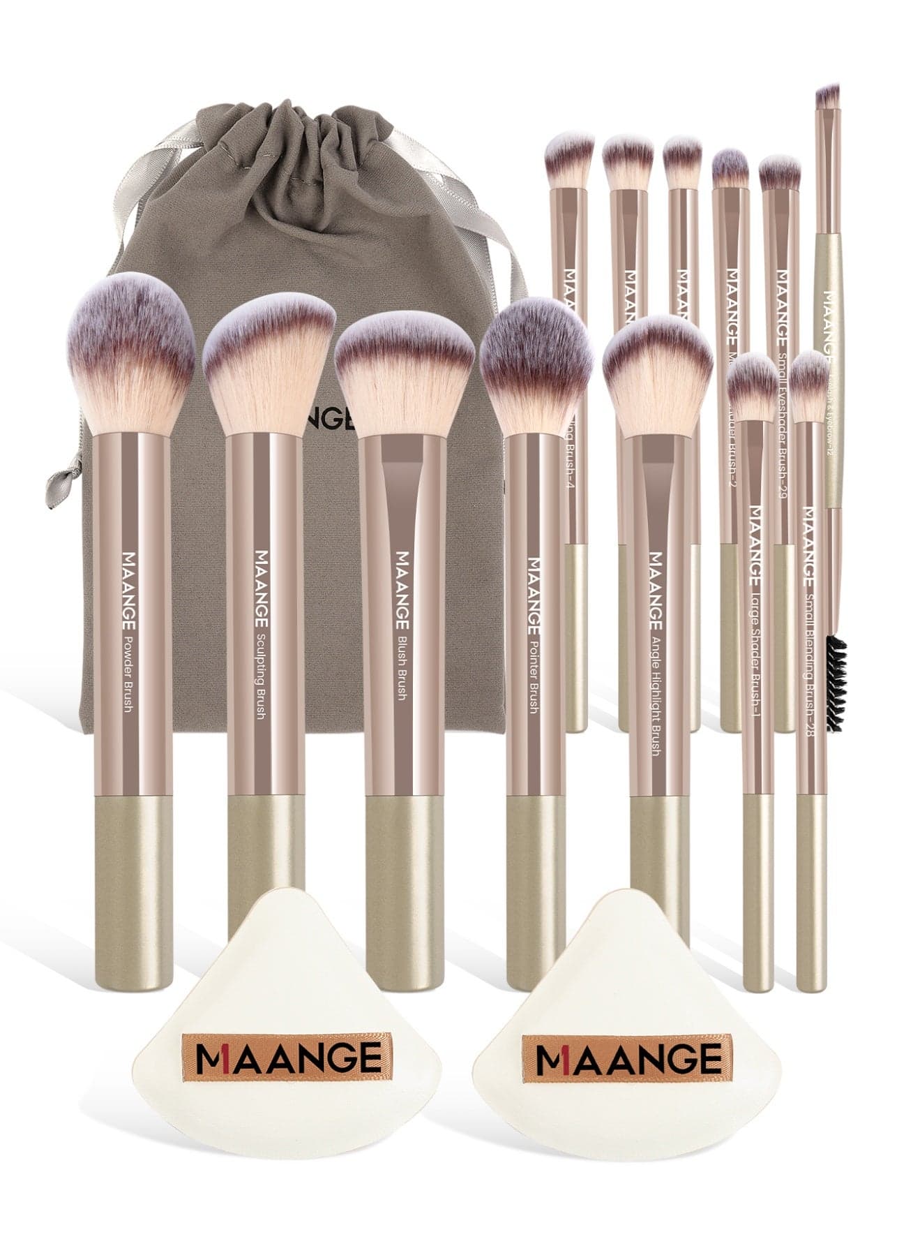 16Pcs Makeup Tool Set, Professional Makeup Brush Sets- Including Blush Brush, Contour Brush, Foundation Brush, Concealer Brush, Eye Shadow Brush, Powder Puff and Cloth Bags(Gold)