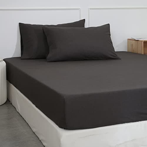 Simple&Opulence Linen Fitted Sheet (1 Piece) - 14 Inch Deep Pocket Mattress Cover Natural Flax Cotton Blended Soft Breathable Bedding - Dark Grey, King Size