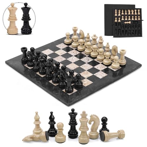 Marble Chess Set 15Inch Black Coral Board Game with 32 Metallic Chess Pieces Extra Queens and Storage Box Classic Board Game for Adults Home Decor