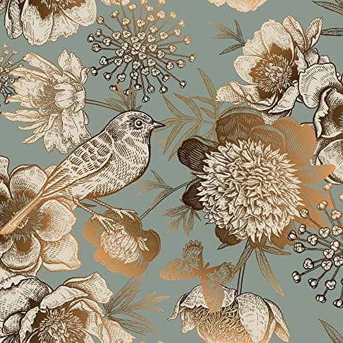 ReWallpaper 175in x 23ft Peel and Stick Wallpaper Antique Gold Teal Flowers Birds Self Adhesive Removable Floral Wallpaper for Bedroom Renter Friendly Contact Paper for Walls Cabinets Shelf