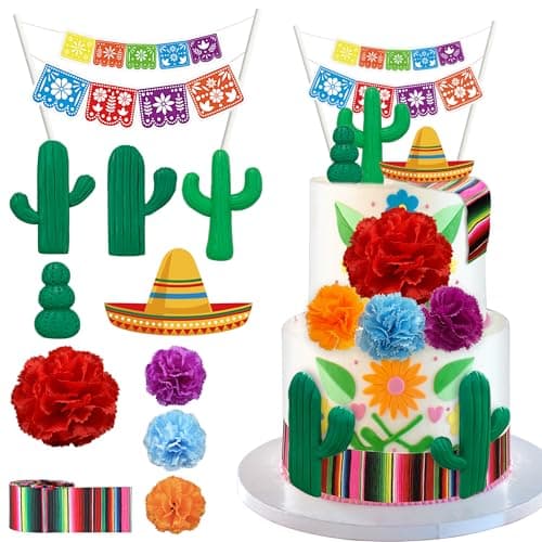 Mexican Fiesta Cake Topper Mexican Picado Banner Cactus Mexican Serape Ribbon and Flower Cake Decor for Mexican Themed Party Decorations