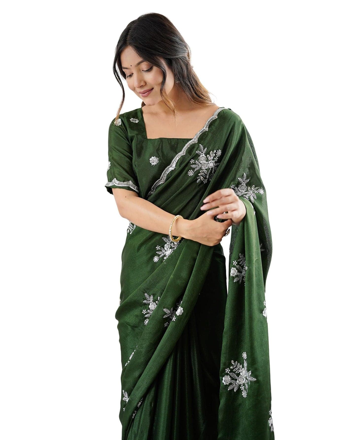 SIRIL Women's Embroidery Cotton Soft Silk Saree With Unstitched Blouse Piece(4770S202_Green)