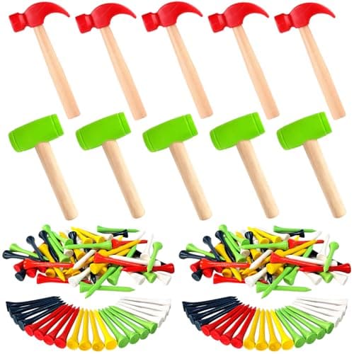 AIHSUMC 10 Pcs Kids Wooden Hammer Toy with 100 Pcs Colorful Wood Golf Tees Small Plastic Hammer Simulation Hammers Educational Toys for Children Gift Birthday Party Red and Green