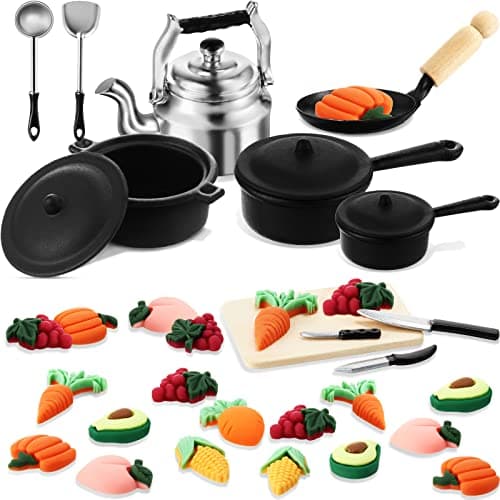 34 Pcs Miniature Dollhouse Kitchen Accessories 112 Scale Mini Dollhouse Metal Pots and Pans Stove top Cookware Miniature Food Vegetables Fruits for Christmas Pretend Game Party Gifts Decoration