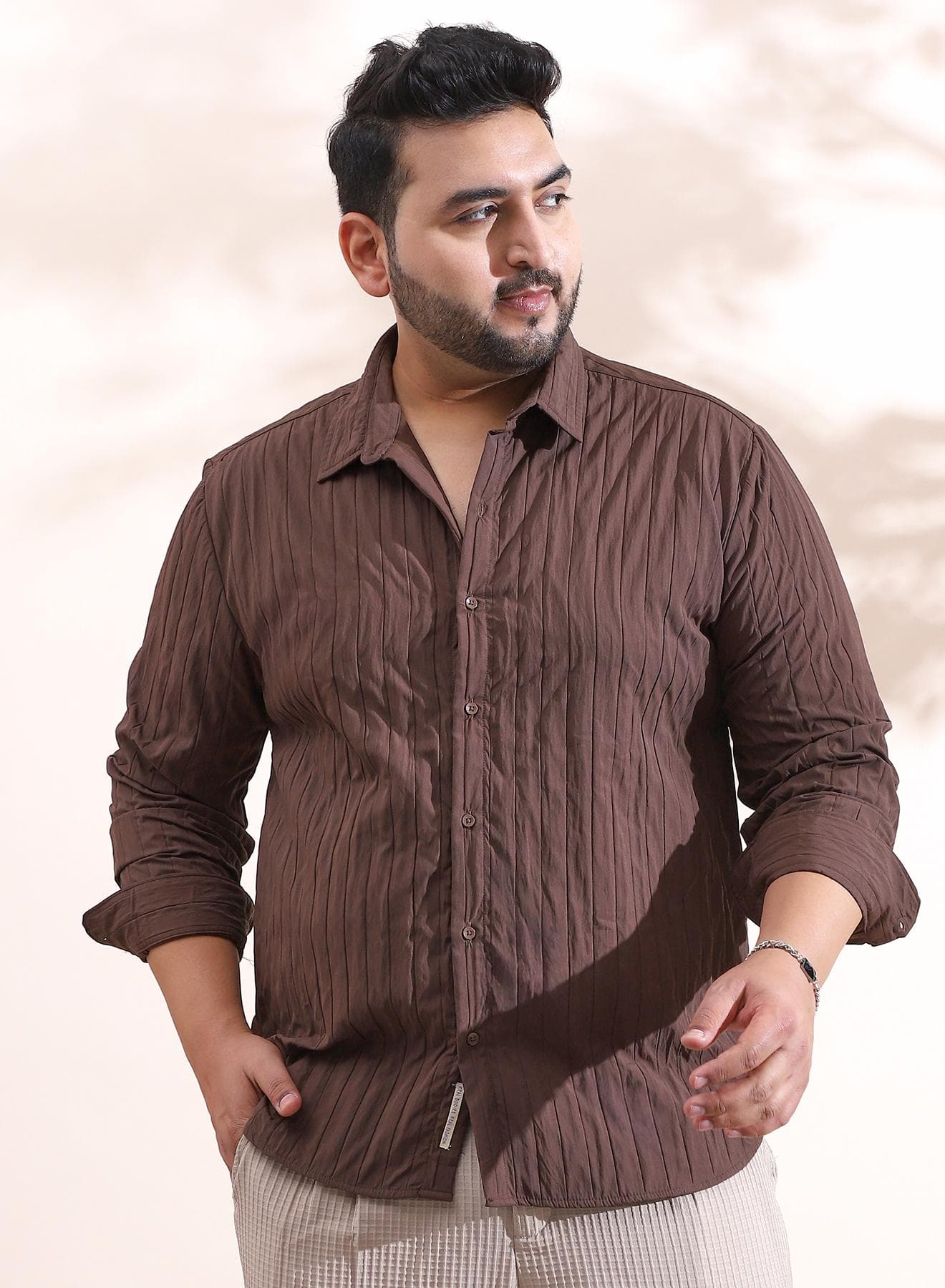 Instafab Plus Men's Chocolate Brown Quilt-Tactile Shirt For Casual Wear | Spread Collar | Long Cuffed Sleeves | Button Closure | Plus Size Shirt Crafted With Comfort Fit For Everyday Wear