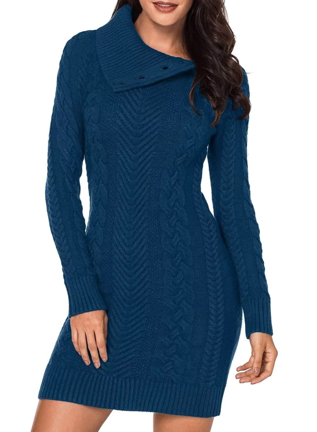 BLENCOT Women Long Pullover Sweater Full Sleeve Asymmetric Collar Slim Mini Sweater Dress Peacock Blue X-Large