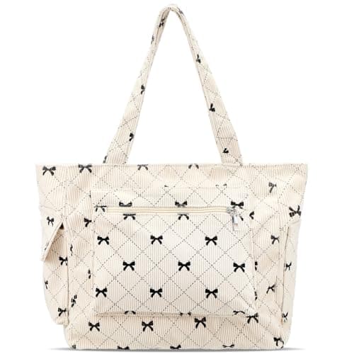Clysee Bow Tote Bag for Women Large Corduroy Shoulder Bag with Pockets and Zipper Bow Purse for Work Travel(Beige)