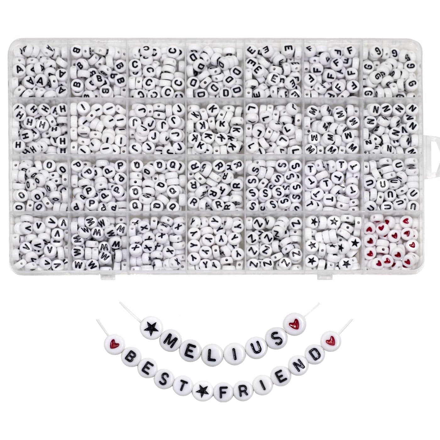 Melius Acrylic Letter Beads 1450 Pcs 4x7mm Round Alphabet Beads in 28 Grid Box for Jewelry Making DIY Bracelets 4x7mm White