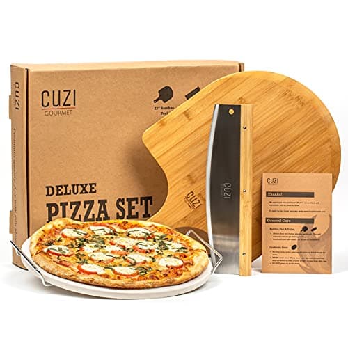 Cuzi Gourmet XL 4-Piece Pizza Stone Set - 15" Thermal Shock Resistant Cordierite Baking Stone, 22" Natural Bamboo Peel & Cutter Rocker - Large Stone for Grill and Oven